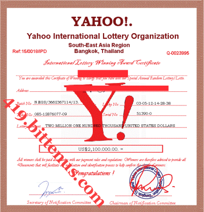 Yahoo Winners Guarantee Certificate-